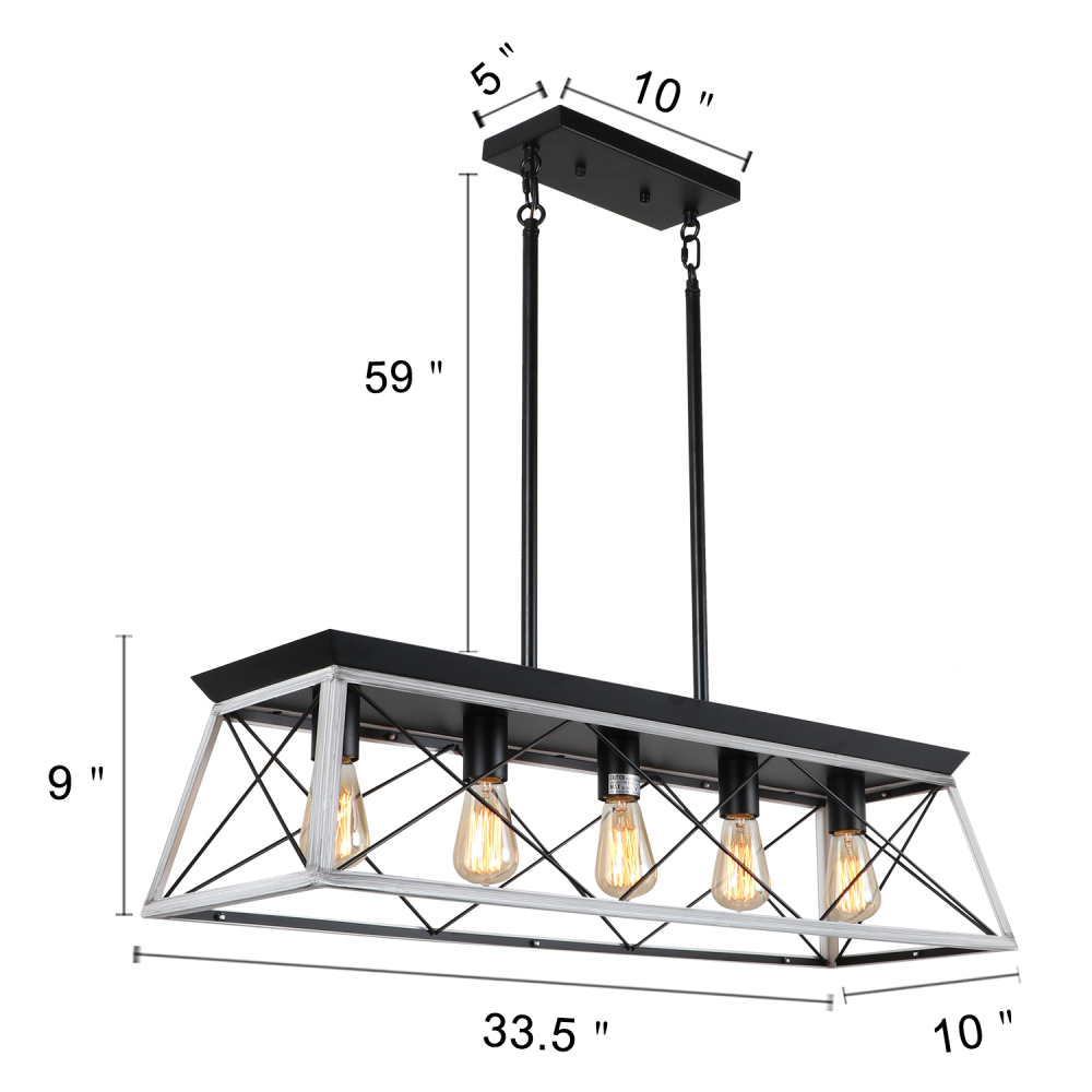 Anmytek Farmhouse Linear Chandelier 5 Lights, Industrial Dining Room Metal Rectangular Pendant Lamp Rustic Hanging Lighting Fixture Black White