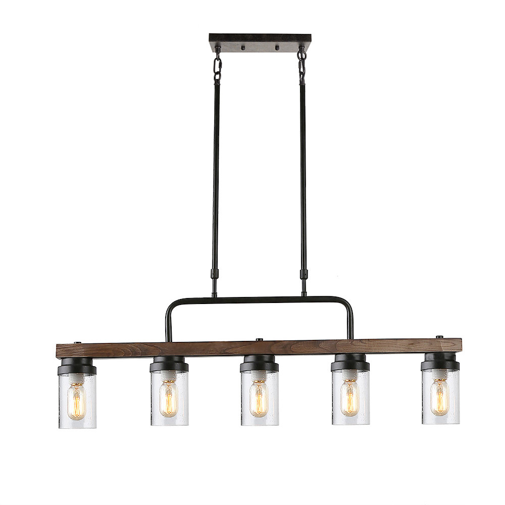 Anmytek Farmhouse Wooden Chandelier Island Pendant Light Vintage Trapezoidal Frame 3-Light Hanging Ceiling Light Fixture for Kitchen Living Room