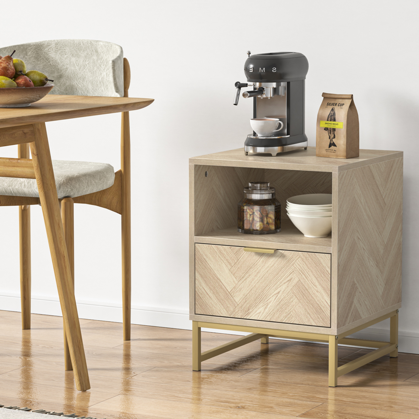 Anmytek Night Stand, Small Side Table, Sturdy Wood Nightstand with Storage Drawer and Shelf, Modern End Table Bedside Table with Polished Gold Handles for Bedroom, Dorm, Small Spaces