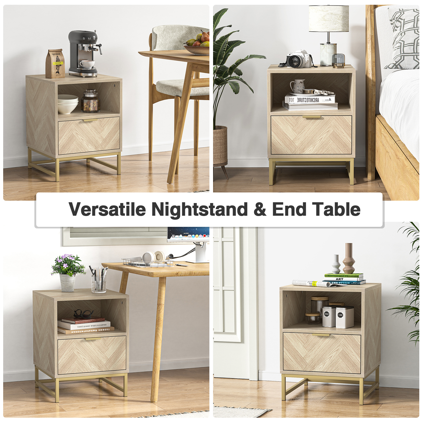 Anmytek Night Stand, Small Side Table, Sturdy Wood Nightstand with Storage Drawer and Shelf, Modern End Table Bedside Table with Polished Gold Handles for Bedroom, Dorm, Small Spaces