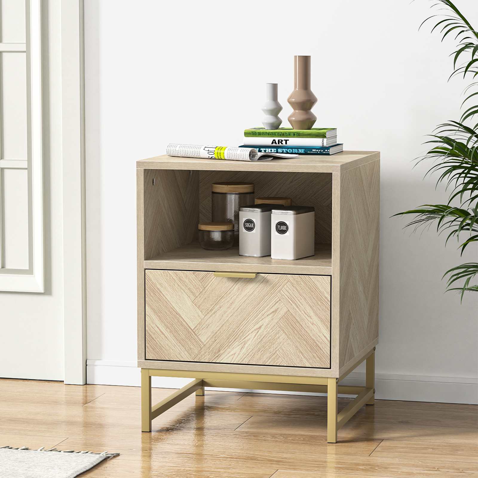 Anmytek Night Stand, Small Side Table, Sturdy Wood Nightstand with Storage Drawer and Shelf, Modern End Table Bedside Table with Polished Gold Handles for Bedroom, Dorm, Small Spaces