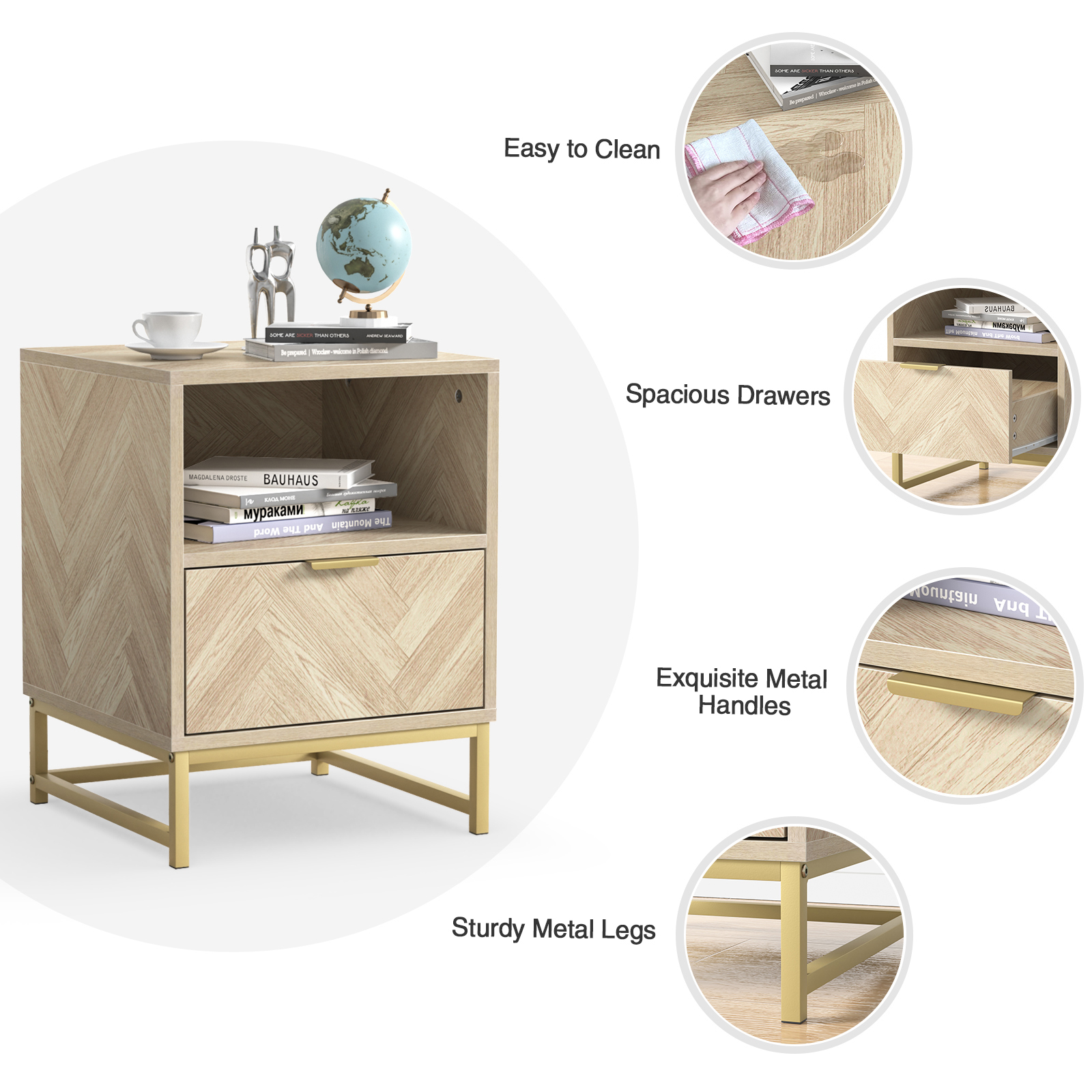 Anmytek Night Stand, Small Side Table, Sturdy Wood Nightstand with Storage Drawer and Shelf, Modern End Table Bedside Table with Polished Gold Handles for Bedroom, Dorm, Small Spaces