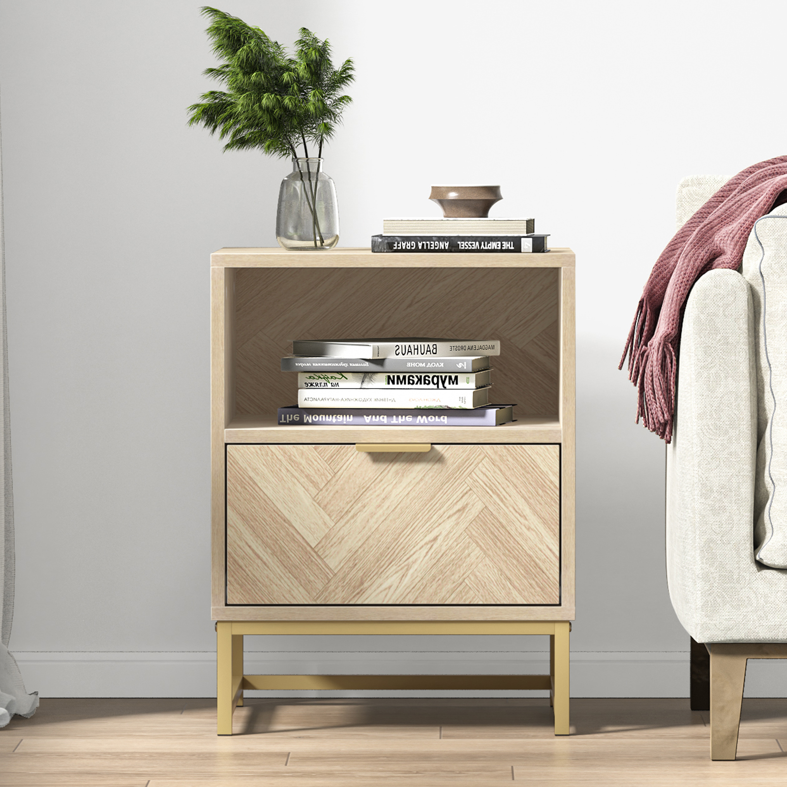 Anmytek Night Stand, Small Side Table, Sturdy Wood Nightstand with Storage Drawer and Shelf, Modern End Table Bedside Table with Polished Gold Handles for Bedroom, Dorm, Small Spaces