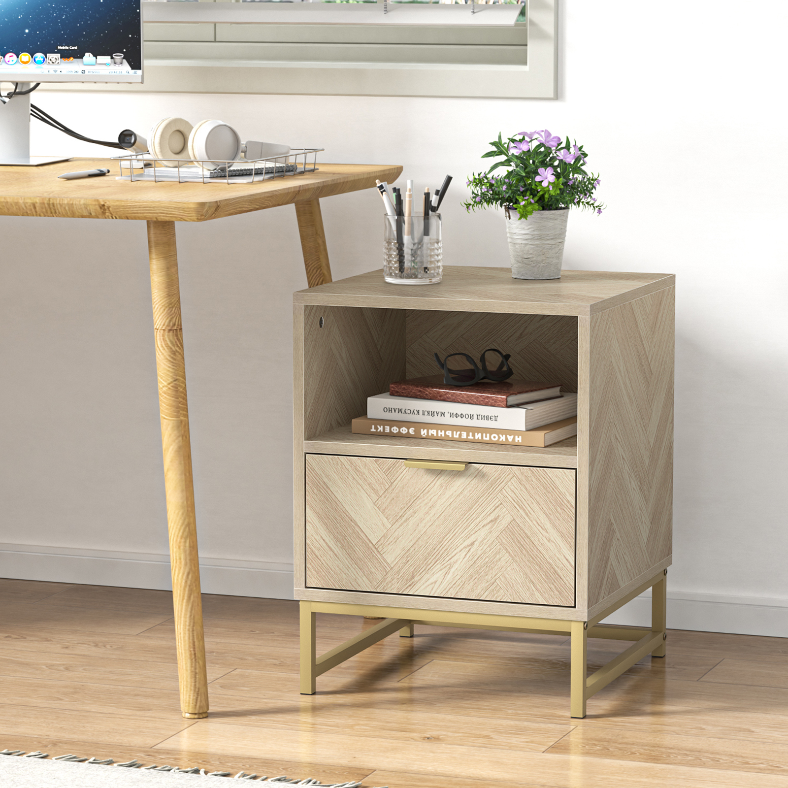 Anmytek Night Stand, Small Side Table, Sturdy Wood Nightstand with Storage Drawer and Shelf, Modern End Table Bedside Table with Polished Gold Handles for Bedroom, Dorm, Small Spaces