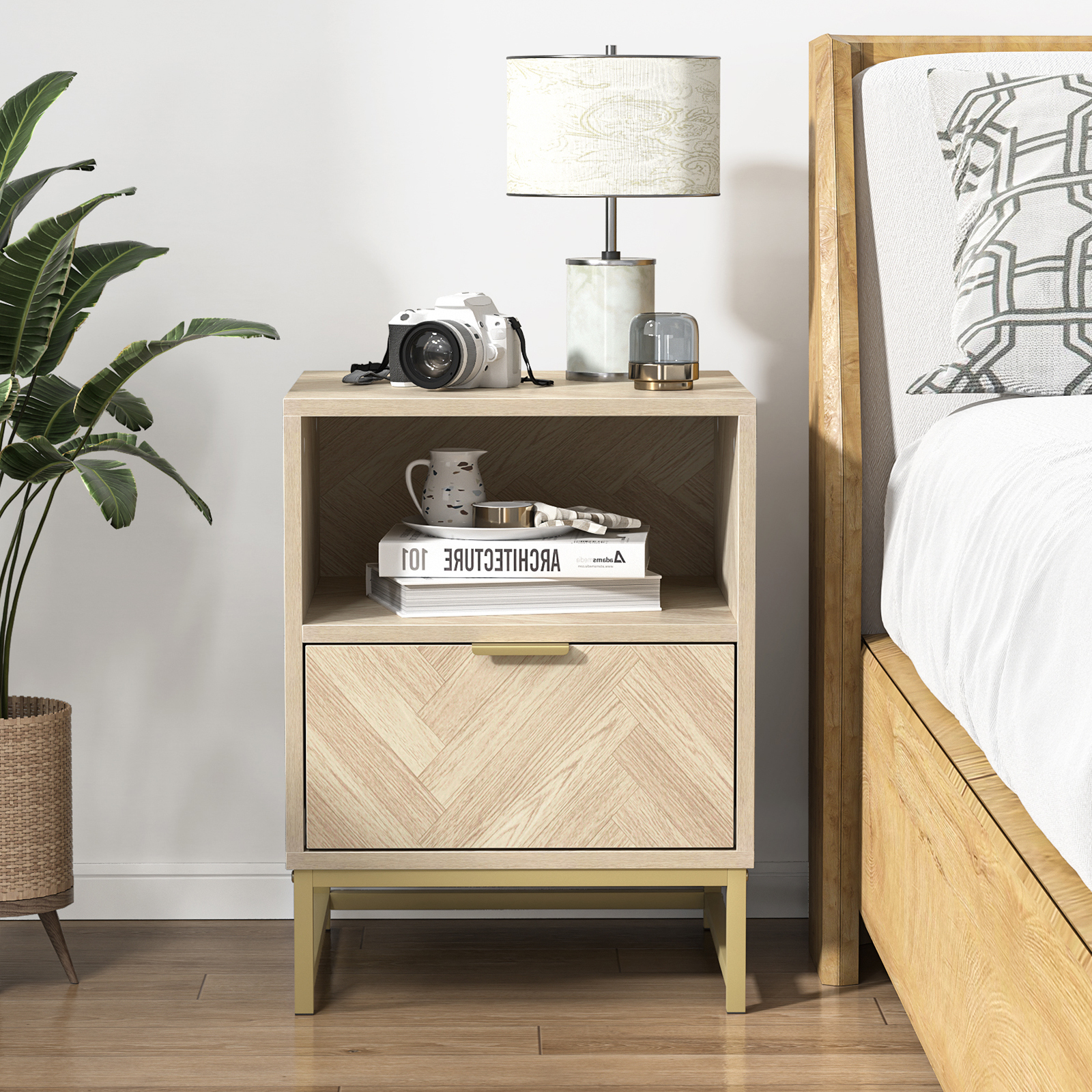 Anmytek Night Stand, Small Side Table, Sturdy Wood Nightstand with Storage Drawer and Shelf, Modern End Table Bedside Table with Polished Gold Handles for Bedroom, Dorm, Small Spaces