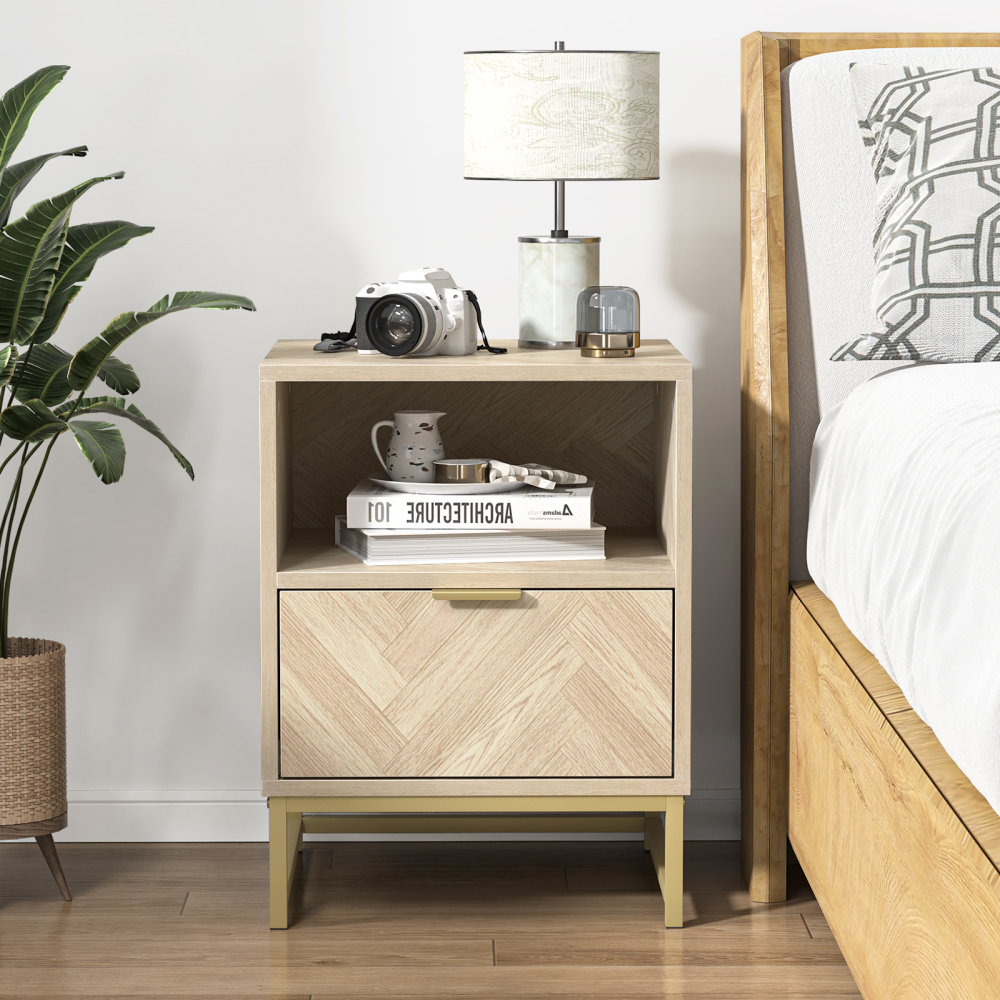 Anmytek Night Stand, Small Side Table, Sturdy Wood Nightstand with Storage Drawer and Shelf, Modern End Table Bedside Table with Polished Gold Handles for Bedroom, Dorm, Small Spaces