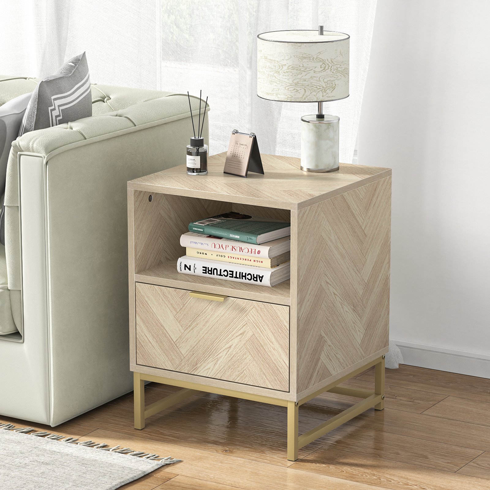 Anmytek Night Stand, Small Side Table, Sturdy Wood Nightstand with Storage Drawer and Shelf, Modern End Table Bedside Table with Polished Gold Handles for Bedroom, Dorm, Small Spaces