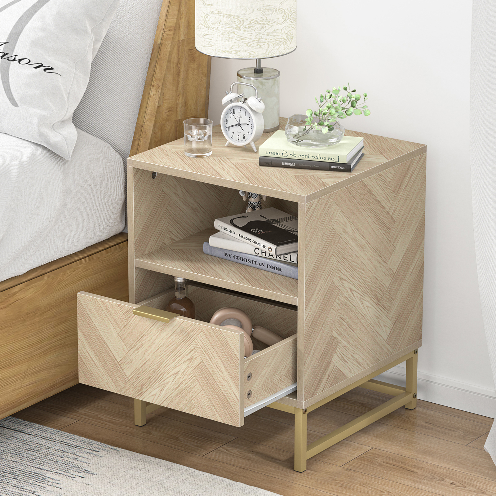 Anmytek Night Stand, Small Side Table, Sturdy Wood Nightstand with Storage Drawer and Shelf, Modern End Table Bedside Table with Polished Gold Handles for Bedroom, Dorm, Small Spaces