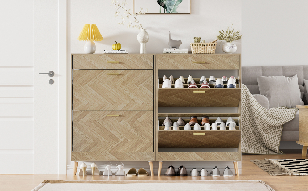 Anmytek Shoe Storage Cabinet with 2 Flip Drawers & 1 Drawer, Natural Oak Slim Shoe Cabinet with Wooden Legs, Freestanding Hidden Narrow Shoes Organizer Cabinet for Entryway, Hallway
