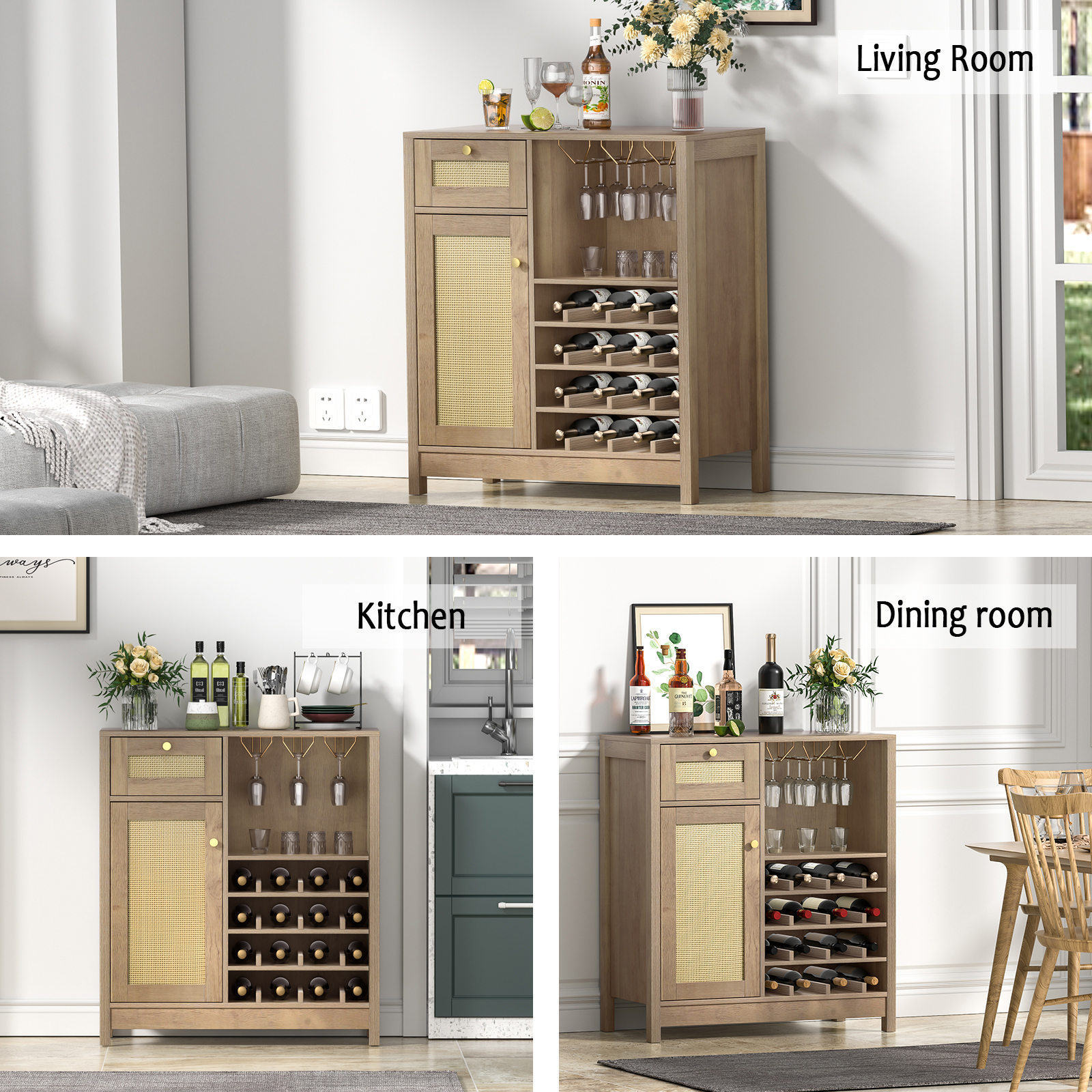 Anmytek Rattan Wine Bar Cabinet, Farmhouse Liquor Cabinet with Wine Rack & Glass Holder, Sideboard Buffet Storage Coffee Cabinet for Home Living Dining Room Kitchen, Rustic Oak