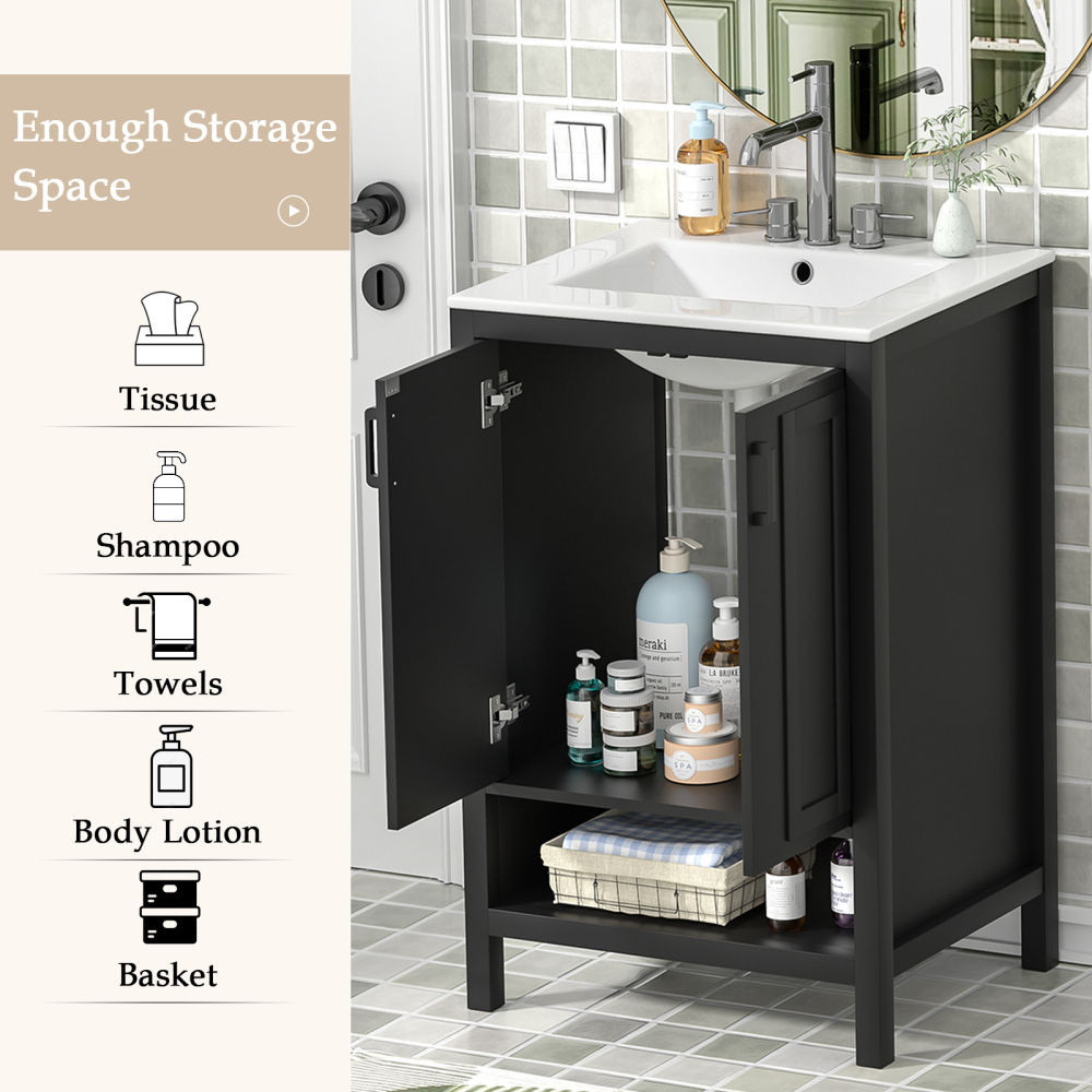 Anmytek Bathroom Vanity with Ceramic Sink, 24" Wood Bathroom Sink Cabinet with 2 Doors and Open Shelf, Black Modern Bathroom Vanity Cabinet Set (Faucet Not Included)