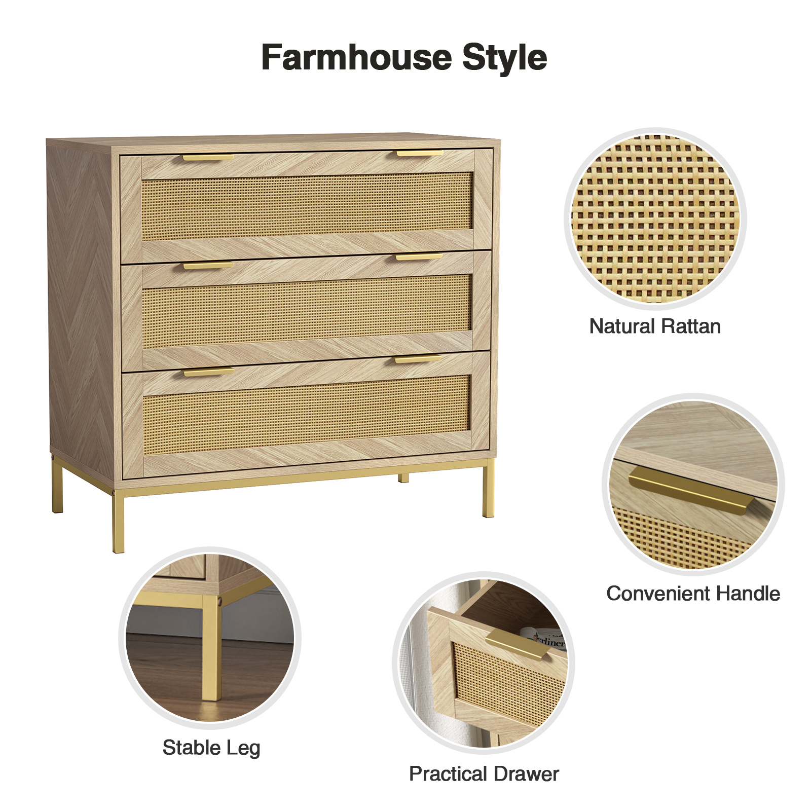 Anmytek 3 Drawer Dresser for Bedroom with Natural Rattan,Closet Dressers Chest of Drawers for Bedroom,Farmhouse Wood Large Nightstand with Storage Versatile Bedside Table for Bedroom