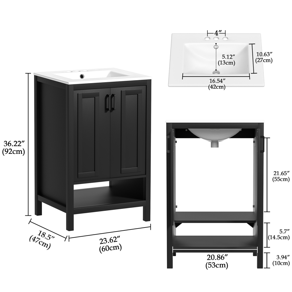 Anmytek Bathroom Vanity with Ceramic Sink, 24" Wood Bathroom Sink Cabinet with 2 Doors and Open Shelf, Black Modern Bathroom Vanity Cabinet Set (Faucet Not Included)