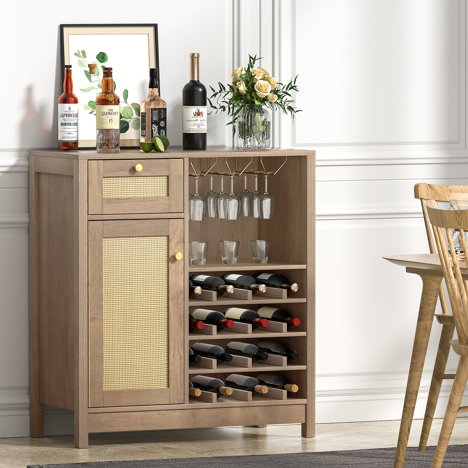 Anmytek Rattan Wine Bar Cabinet, Farmhouse Liquor Cabinet with Wine Rack & Glass Holder, Sideboard Buffet Storage Coffee Cabinet for Home Living Dining Room Kitchen, Rustic Oak