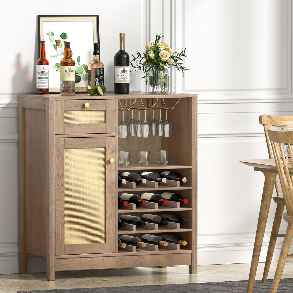 Anmytek Rattan Wine Bar Cabinet, Farmhouse Liquor Cabinet with Wine Rack & Glass Holder, Sideboard Buffet Storage Coffee Cabinet for Home Living Dining Room Kitchen, Rustic Oak