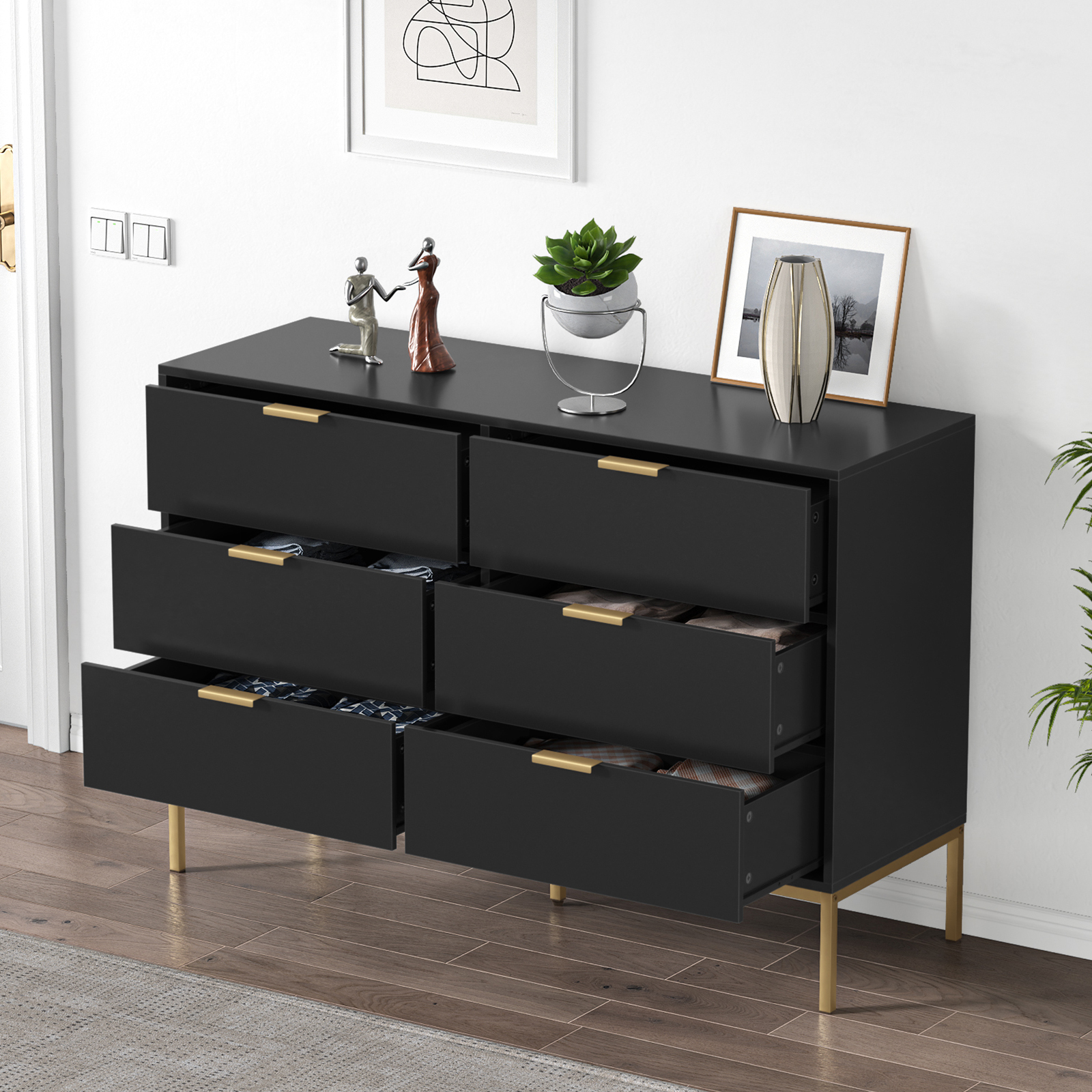 Anmytek Modern 6 Drawer Dresser, Black Dressers for Bedroom, Chest of Drawers Closet Organizers and Wood Storage Clothes, Black Dresser with Golden Handles for Living Room, Hallway