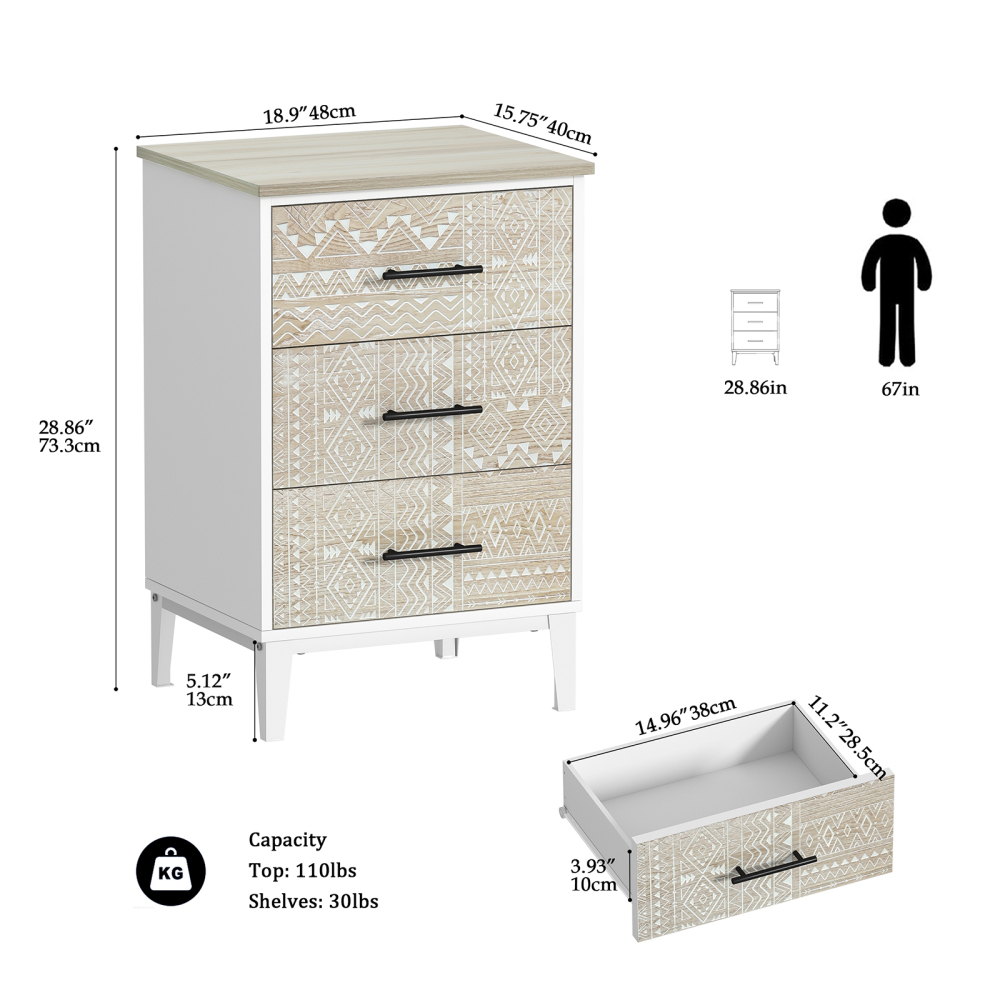 Anmytek Nightstand with 3 Drawers, Wood Farmhouse Night Stand Bedside Table with 3 Carved Drawers for Bedroom, 28.8" Tall Modern Sofa Side Table End Table for Dorm Small Spaces, 18.9” x 15.75” x 28.8”