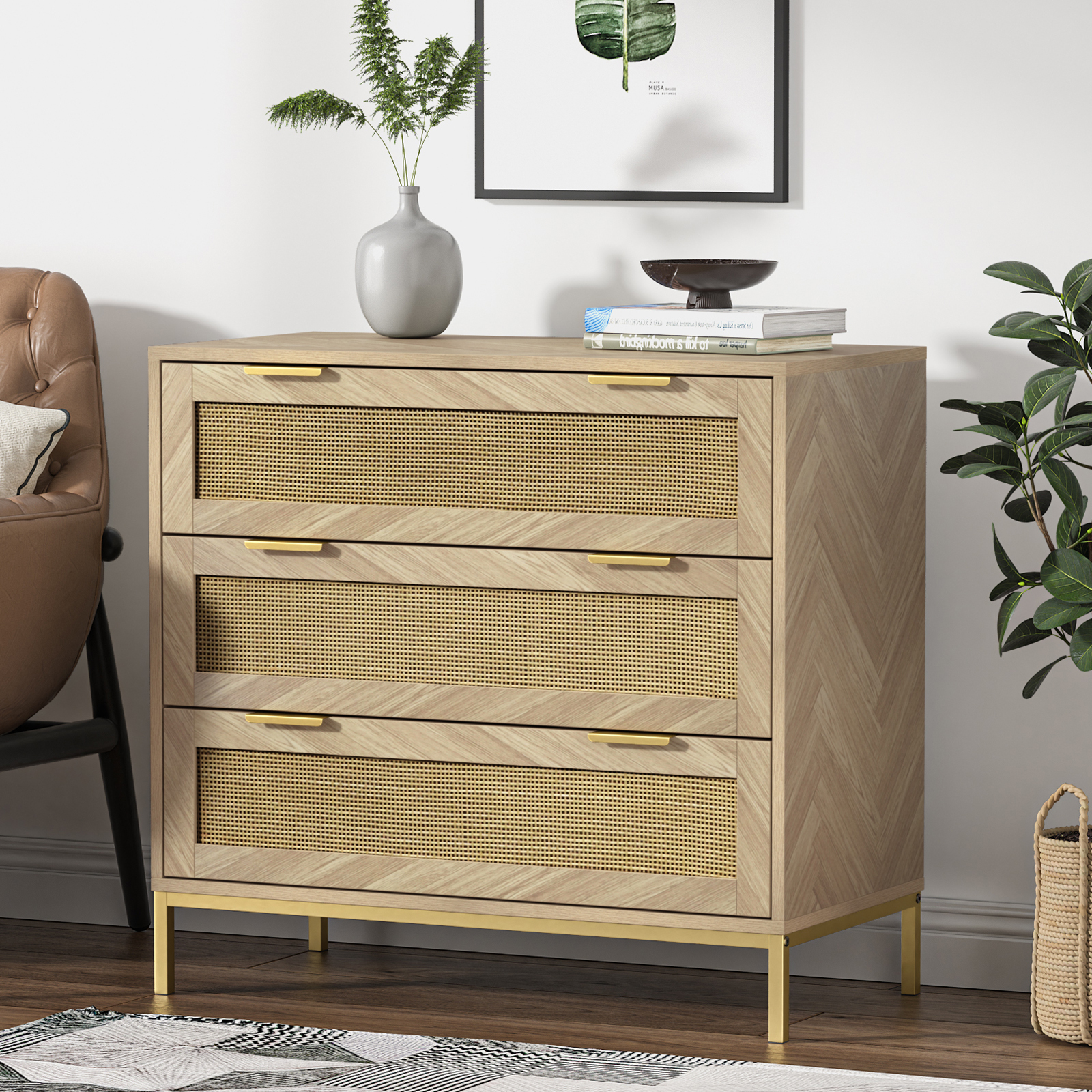 Anmytek 3 Drawer Dresser for Bedroom with Natural Rattan,Closet Dressers Chest of Drawers for Bedroom,Farmhouse Wood Large Nightstand with Storage Versatile Bedside Table for Bedroom