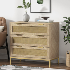 Anmytek 3 Drawer Cabinet for Bedroom with Natural Rattan Nightstand