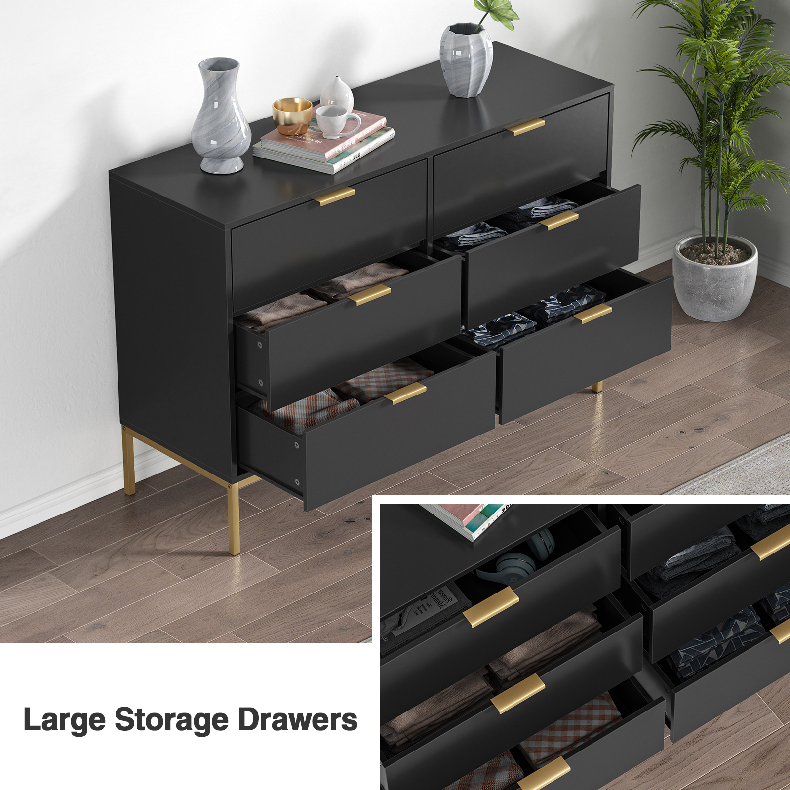 Anmytek Modern 6 Drawer Dresser, Black Dressers for Bedroom, Chest of Drawers Closet Organizers and Wood Storage Clothes, Black Dresser with Golden Handles for Living Room, Hallway
