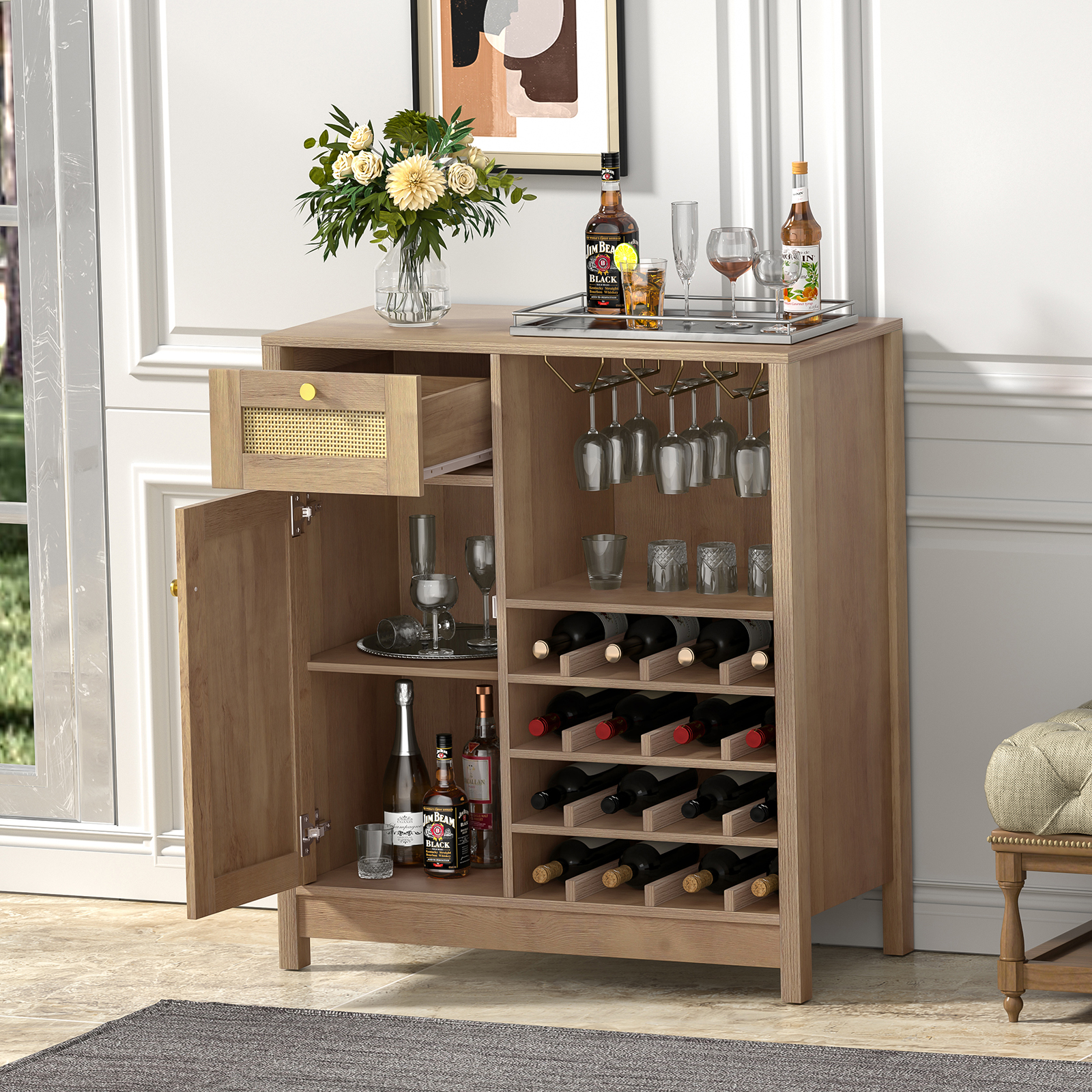Anmytek Rattan Wine Bar Cabinet, Farmhouse Liquor Cabinet with Wine Rack & Glass Holder, Sideboard Buffet Storage Coffee Cabinet for Home Living Dining Room Kitchen, Rustic Oak