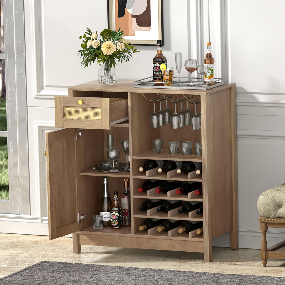 Anmytek Rattan Wine Bar Cabinet, Farmhouse Liquor Cabinet with Wine Rack & Glass Holder, Sideboard Buffet Storage Coffee Cabinet for Home Living Dining Room Kitchen, Rustic Oak