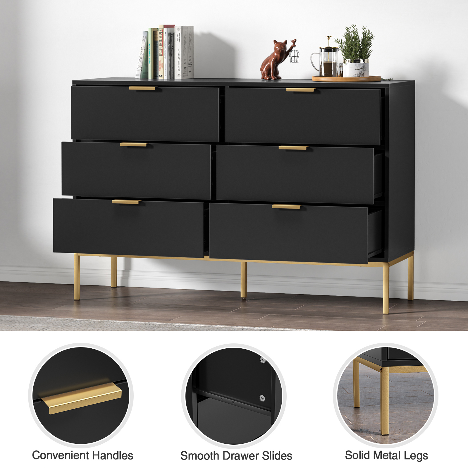 Anmytek Modern 6 Drawer Dresser, Black Dressers for Bedroom, Chest of Drawers Closet Organizers and Wood Storage Clothes, Black Dresser with Golden Handles for Living Room, Hallway
