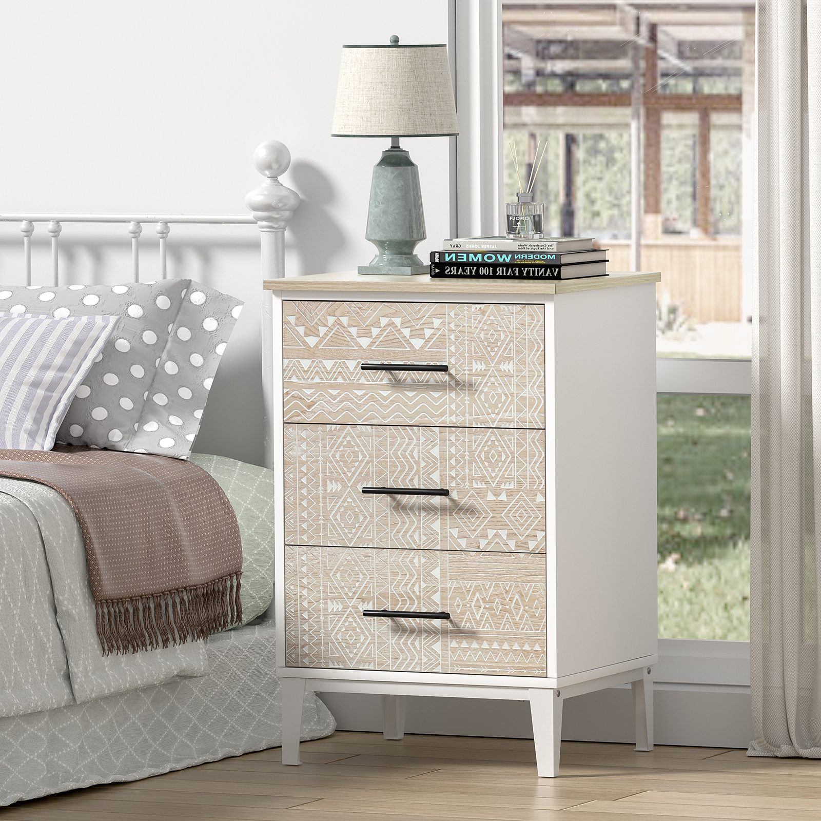 Anmytek Nightstand with 3 Drawers, Wood Farmhouse Night Stand Bedside Table with 3 Carved Drawers for Bedroom, 28.8" Tall Modern Sofa Side Table End Table for Dorm Small Spaces, 18.9” x 15.75” x 28.8”