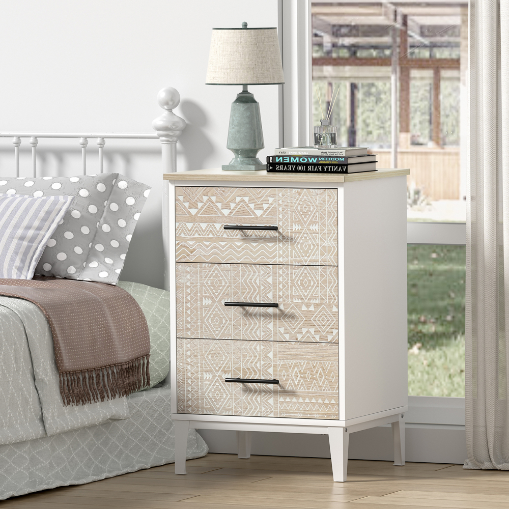 Anmytek Nightstand with 3 Drawers, Wood Farmhouse Night Stand Bedside Table with 3 Carved Drawers for Bedroom, 28.8" Tall Modern Sofa Side Table End Table for Dorm Small Spaces, 18.9” x 15.75” x 28.8”