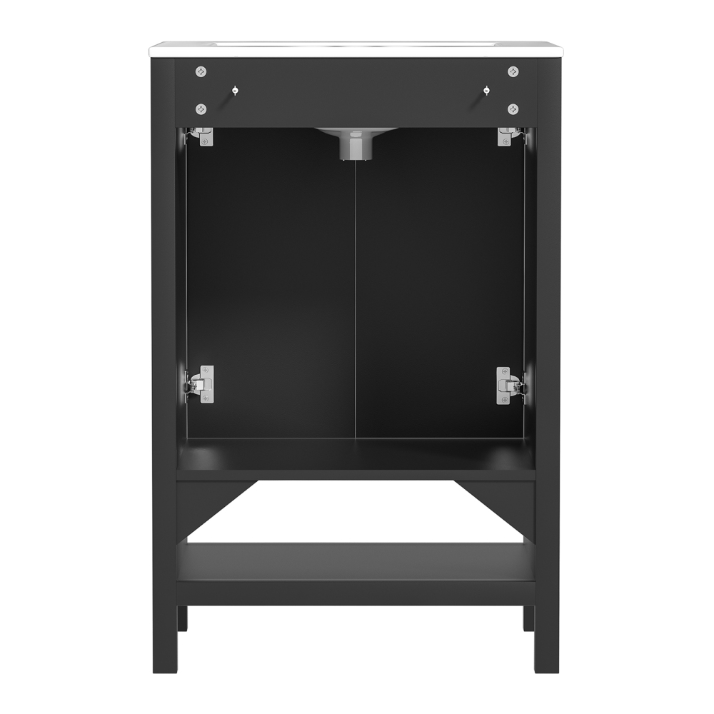 Anmytek Bathroom Vanity with Ceramic Sink, 24" Wood Bathroom Sink Cabinet with 2 Doors and Open Shelf, Black Modern Bathroom Vanity Cabinet Set (Faucet Not Included)