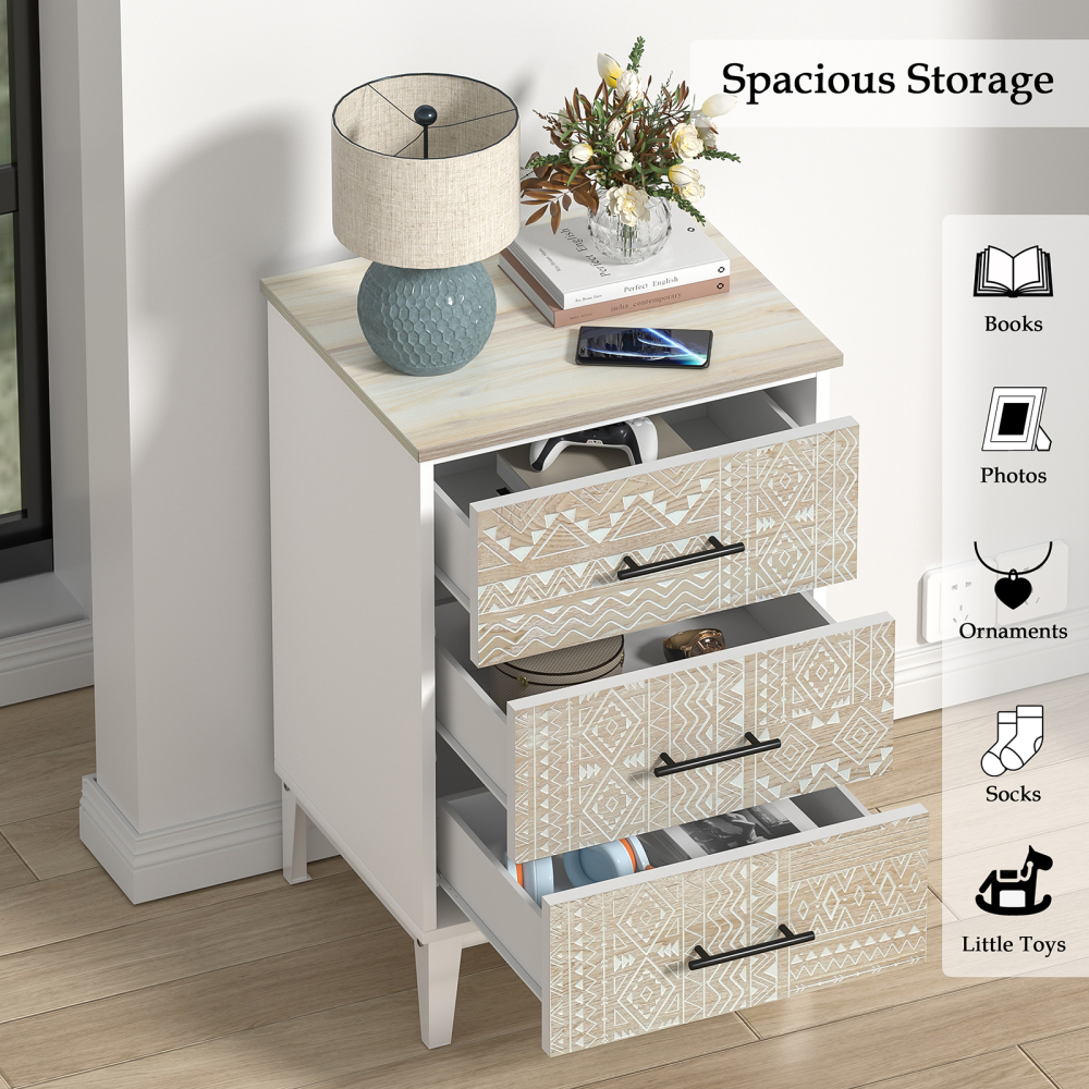 Anmytek Nightstand with 3 Drawers, Wood Farmhouse Night Stand Bedside Table with 3 Carved Drawers for Bedroom, 28.8" Tall Modern Sofa Side Table End Table for Dorm Small Spaces, 18.9” x 15.75” x 28.8”