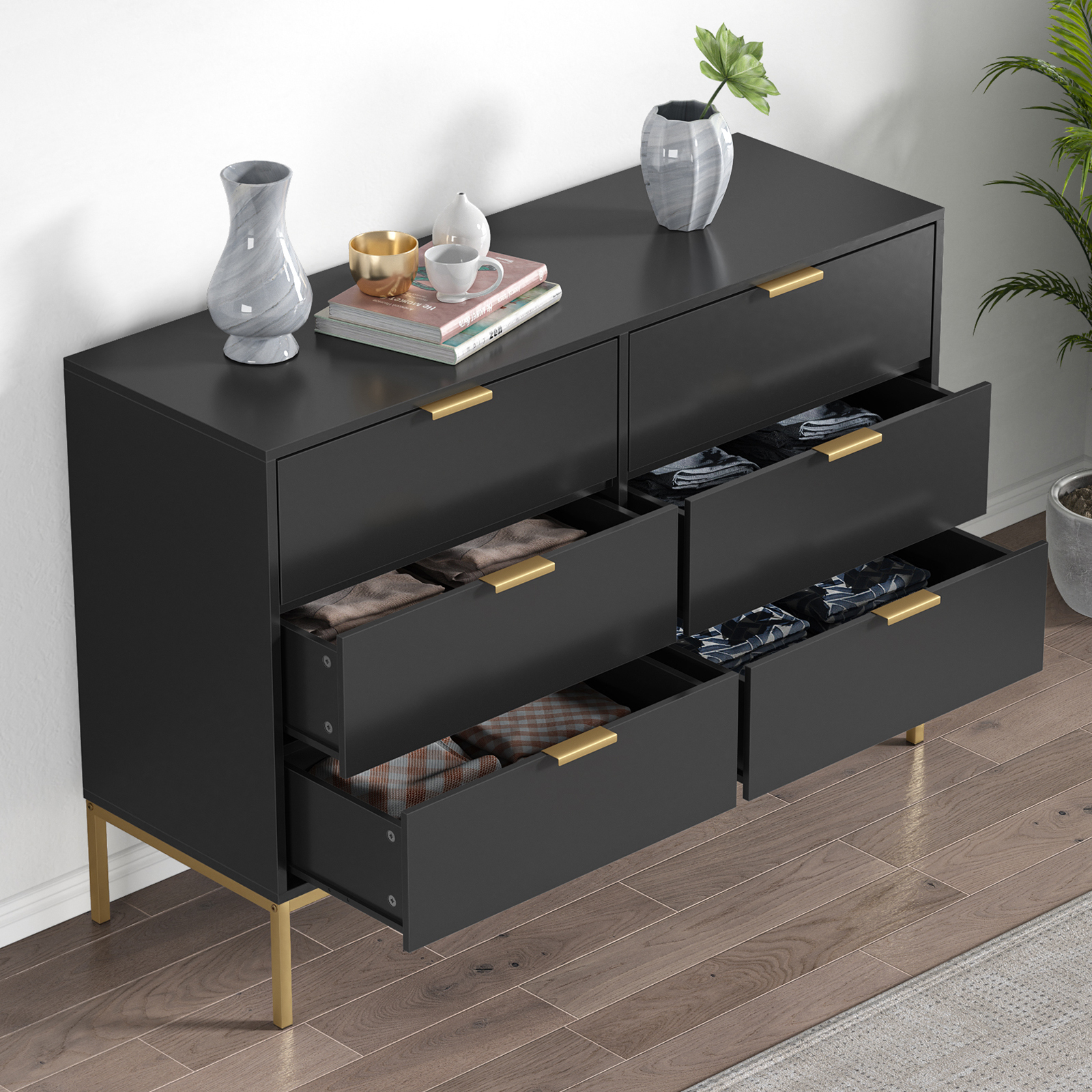 Anmytek Modern 6 Drawer Dresser, Black Dressers for Bedroom, Chest of Drawers Closet Organizers and Wood Storage Clothes, Black Dresser with Golden Handles for Living Room, Hallway