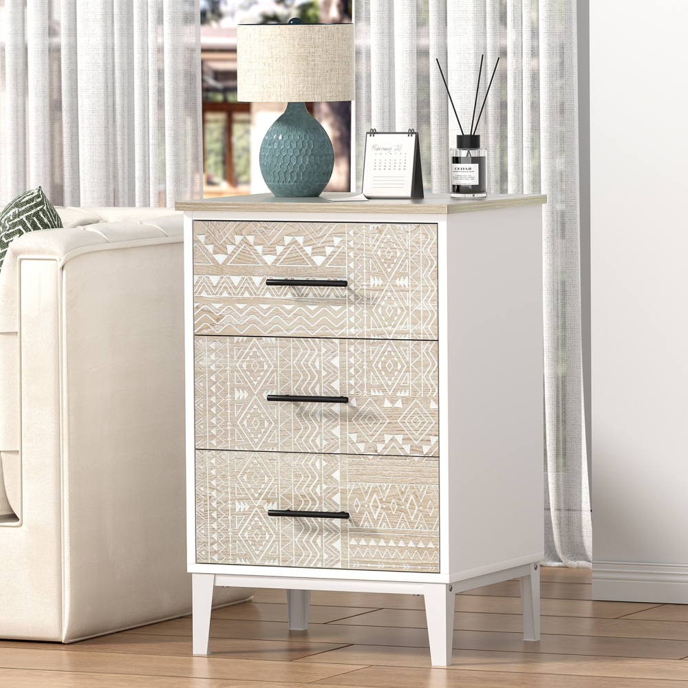 Anmytek Nightstand with 3 Drawers, Wood Farmhouse Night Stand Bedside Table with 3 Carved Drawers for Bedroom, 28.8" Tall Modern Sofa Side Table End Table for Dorm Small Spaces, 18.9” x 15.75” x 28.8”