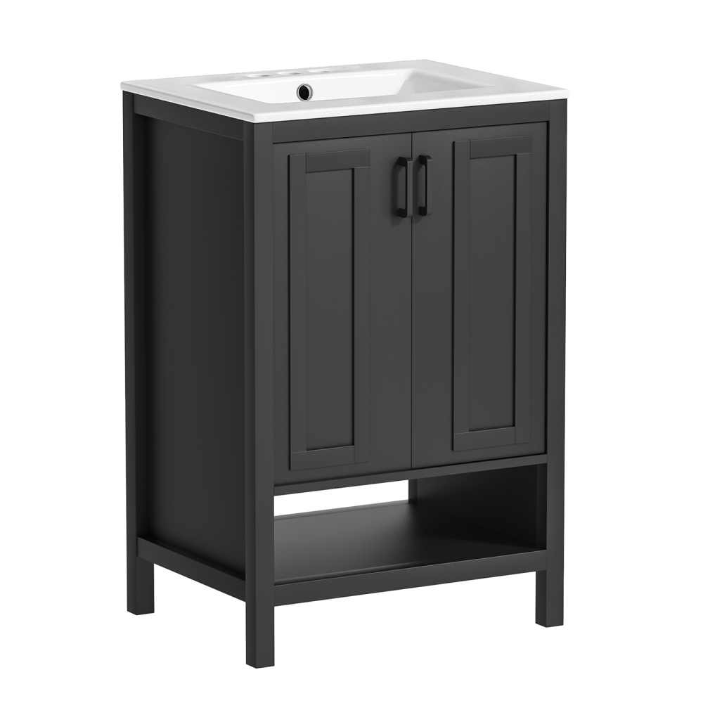 Anmytek Bathroom Vanity with Ceramic Sink, 24" Wood Bathroom Sink Cabinet with 2 Doors and Open Shelf, Black Modern Bathroom Vanity Cabinet Set (Faucet Not Included)