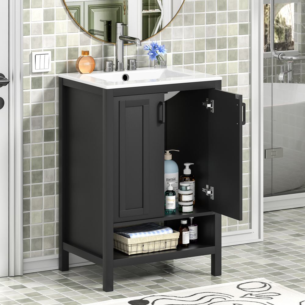 Anmytek Bathroom Vanity with Ceramic Sink, 24" Wood Bathroom Sink Cabinet with 2 Doors and Open Shelf, Black Modern Bathroom Vanity Cabinet Set (Faucet Not Included)