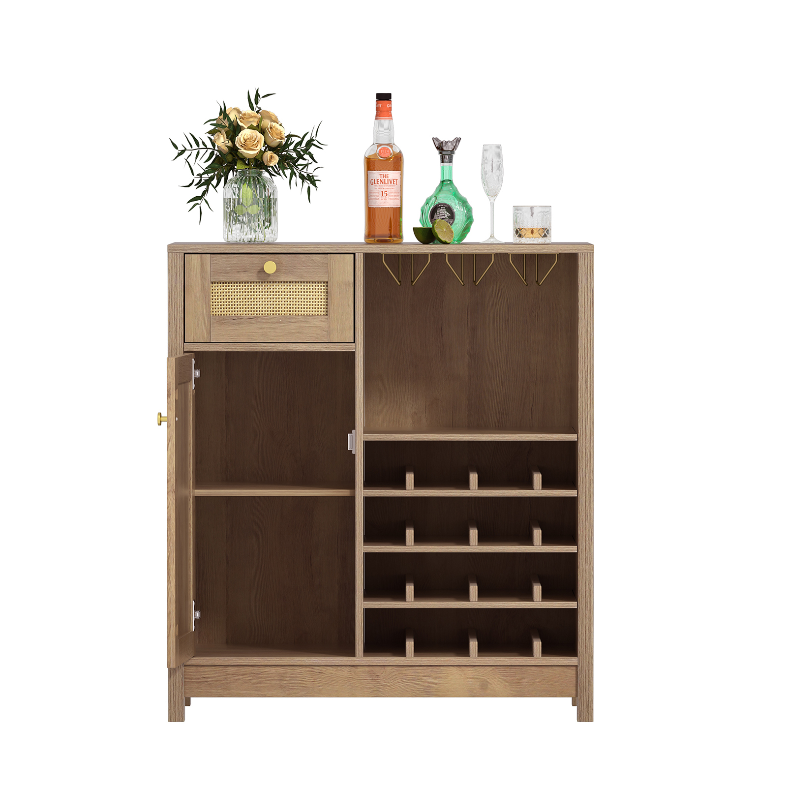 Anmytek Rattan Wine Bar Cabinet, Farmhouse Liquor Cabinet with Wine Rack & Glass Holder, Sideboard Buffet Storage Coffee Cabinet for Home Living Dining Room Kitchen, Rustic Oak
