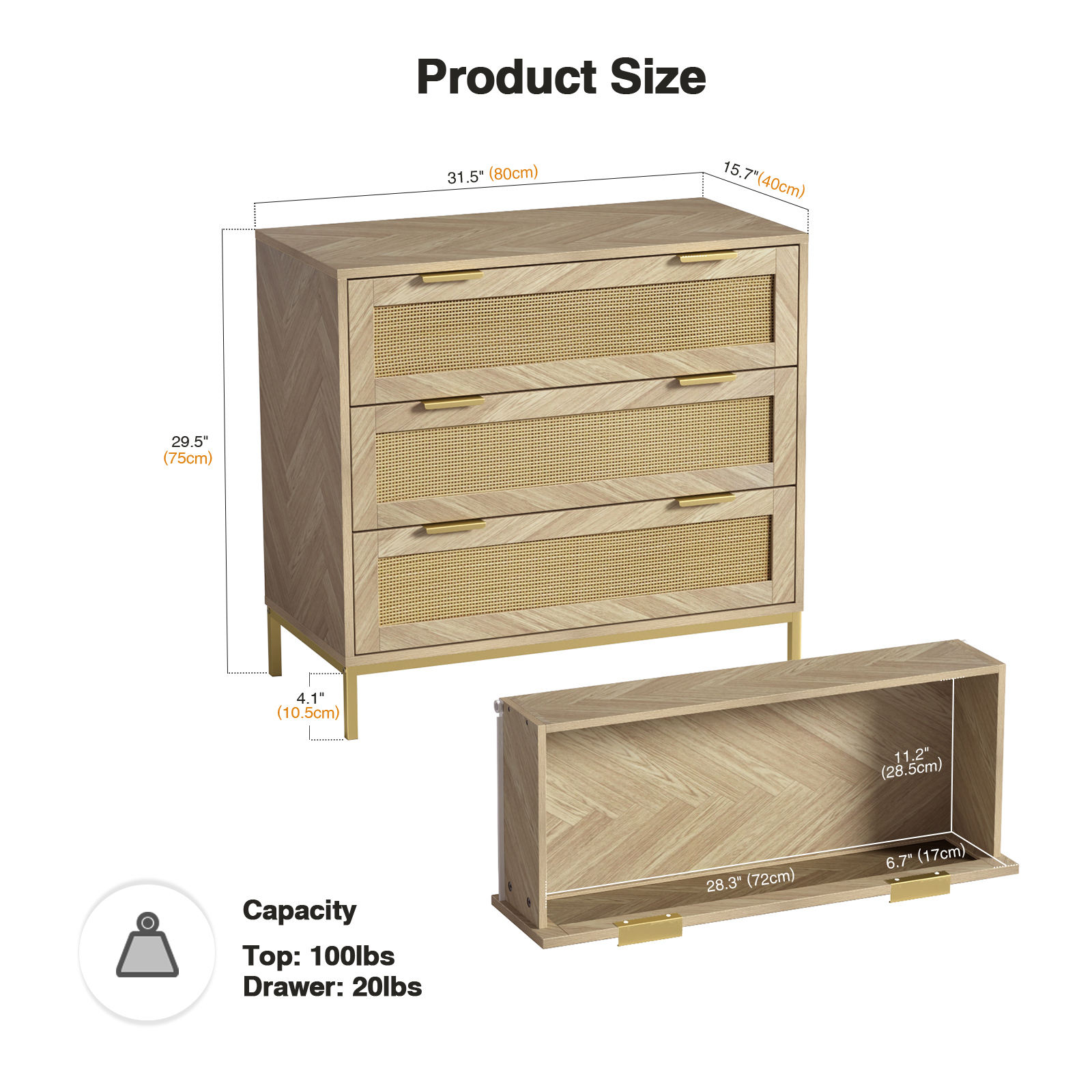 Anmytek 3 Drawer Dresser for Bedroom with Natural Rattan,Closet Dressers Chest of Drawers for Bedroom,Farmhouse Wood Large Nightstand with Storage Versatile Bedside Table for Bedroom