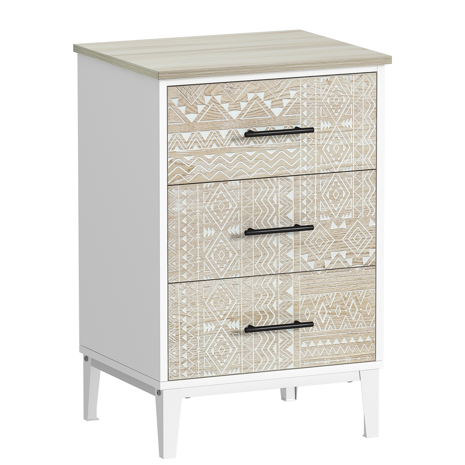 Anmytek Nightstand with 3 Drawers, Wood Farmhouse Night Stand Bedside Table with 3 Carved Drawers for Bedroom, 28.8" Tall Modern Sofa Side Table End Table for Dorm Small Spaces, 18.9” x 15.75” x 28.8”