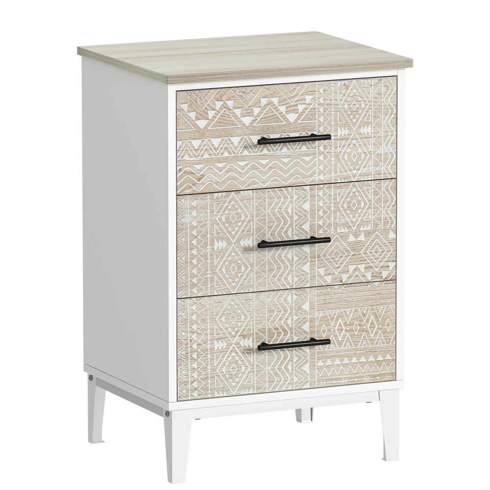 Anmytek Nightstand with 3 Drawers, Wood Farmhouse Night Stand Bedside Table with 3 Carved Drawers for Bedroom, 28.8" Tall Modern Sofa Side Table End Table for Dorm Small Spaces, 18.9” x 15.75” x 28.8”