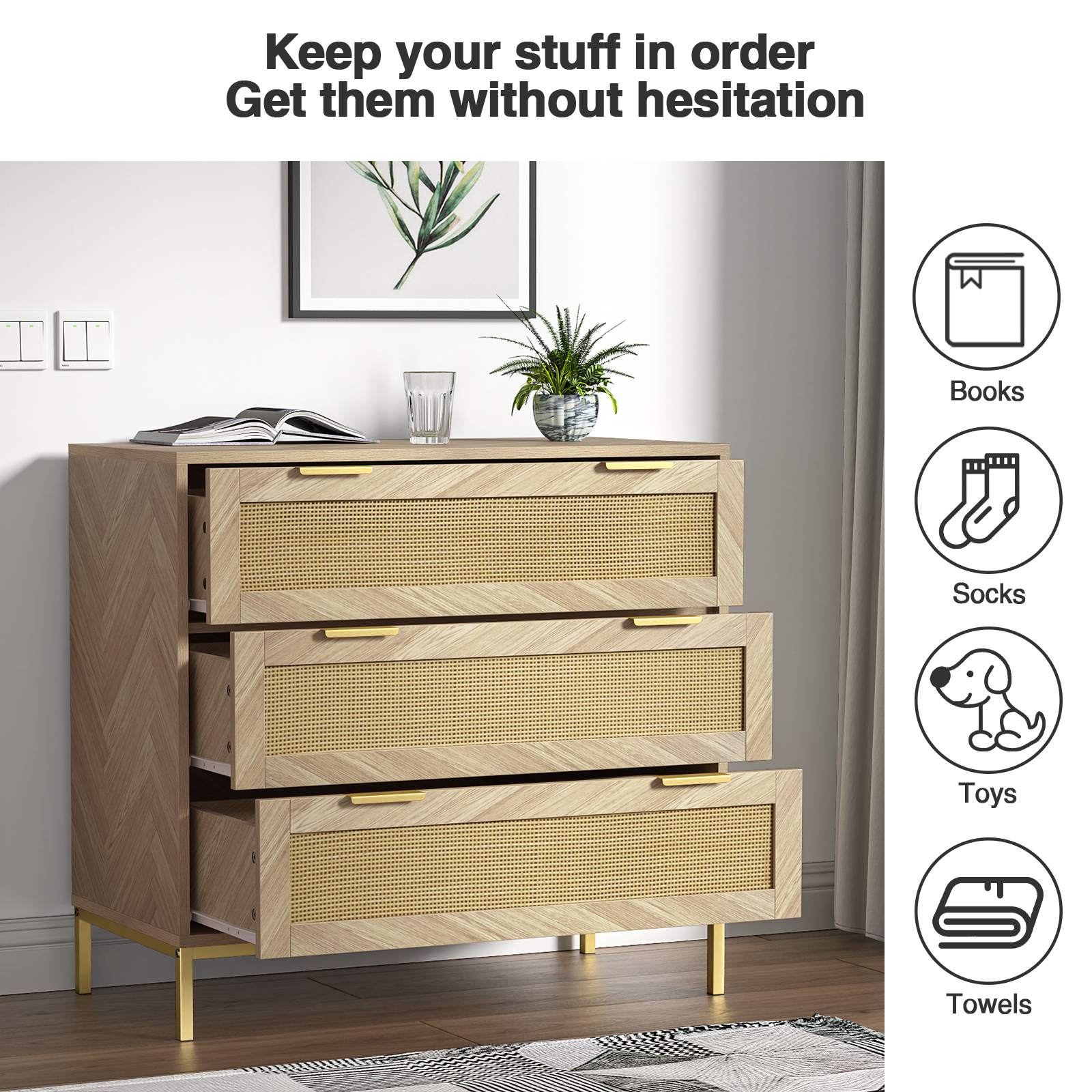 Anmytek 3 Drawer Dresser for Bedroom with Natural Rattan,Closet Dressers Chest of Drawers for Bedroom,Farmhouse Wood Large Nightstand with Storage Versatile Bedside Table for Bedroom