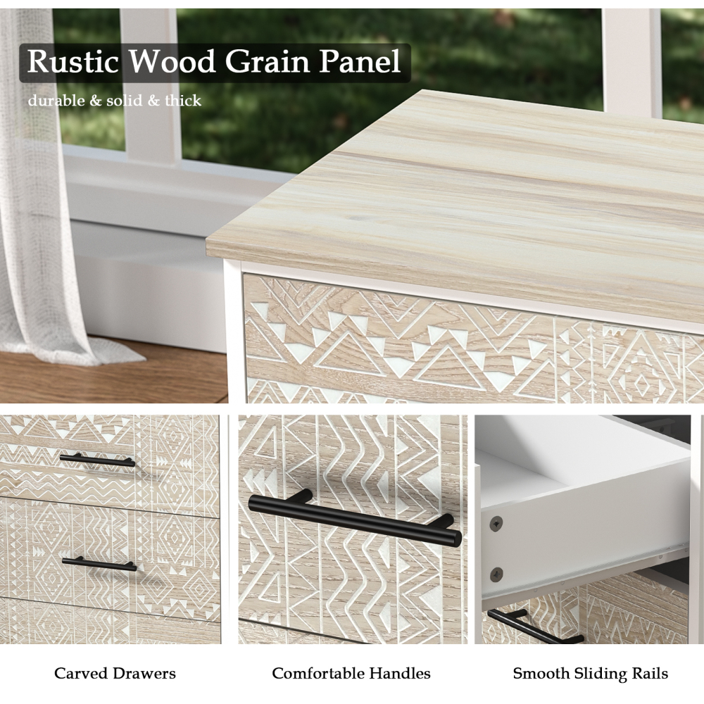 Anmytek Nightstand with 3 Drawers, Wood Farmhouse Night Stand Bedside Table with 3 Carved Drawers for Bedroom, 28.8" Tall Modern Sofa Side Table End Table for Dorm Small Spaces, 18.9” x 15.75” x 28.8”