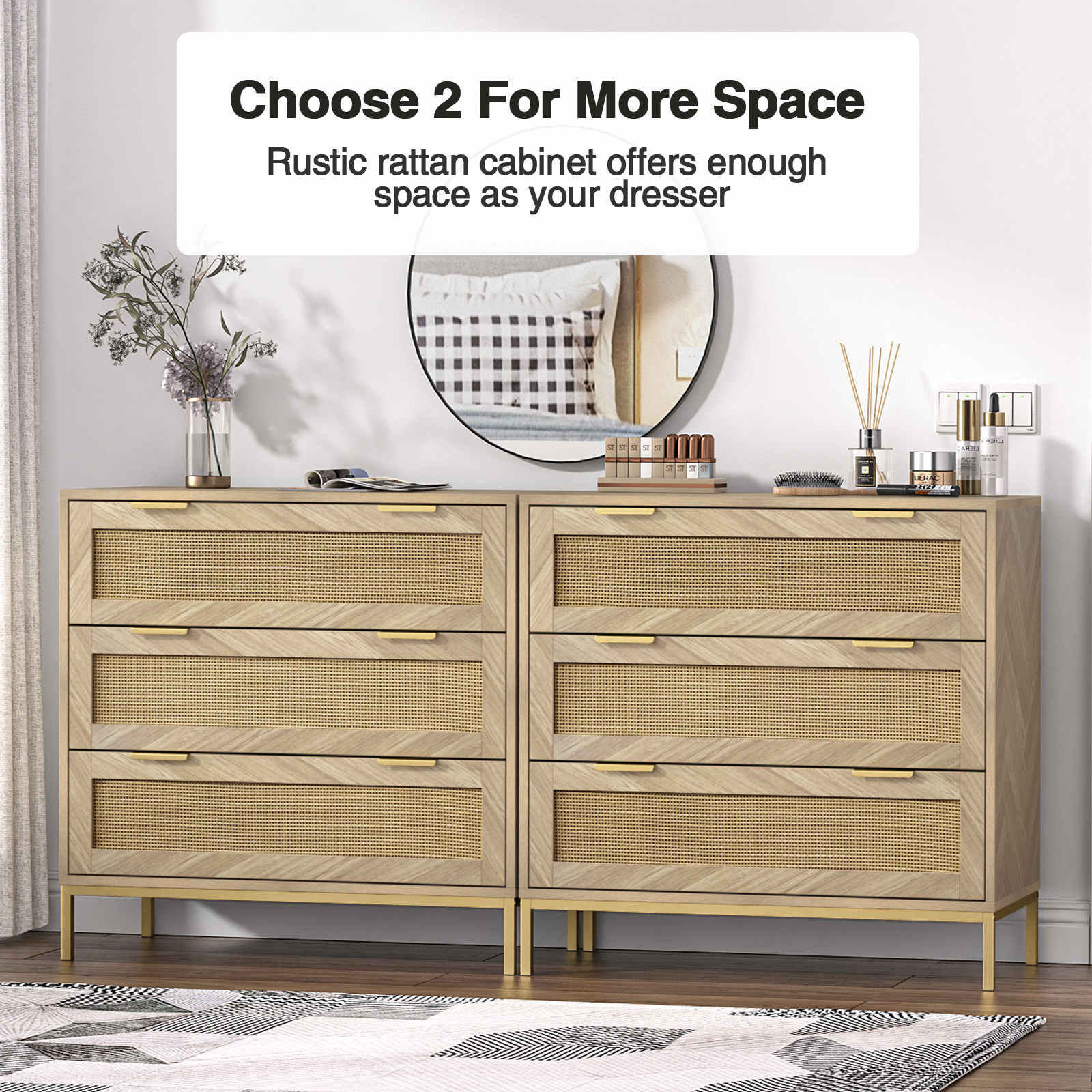 Anmytek 3 Drawer Dresser for Bedroom with Natural Rattan,Closet Dressers Chest of Drawers for Bedroom,Farmhouse Wood Large Nightstand with Storage Versatile Bedside Table for Bedroom