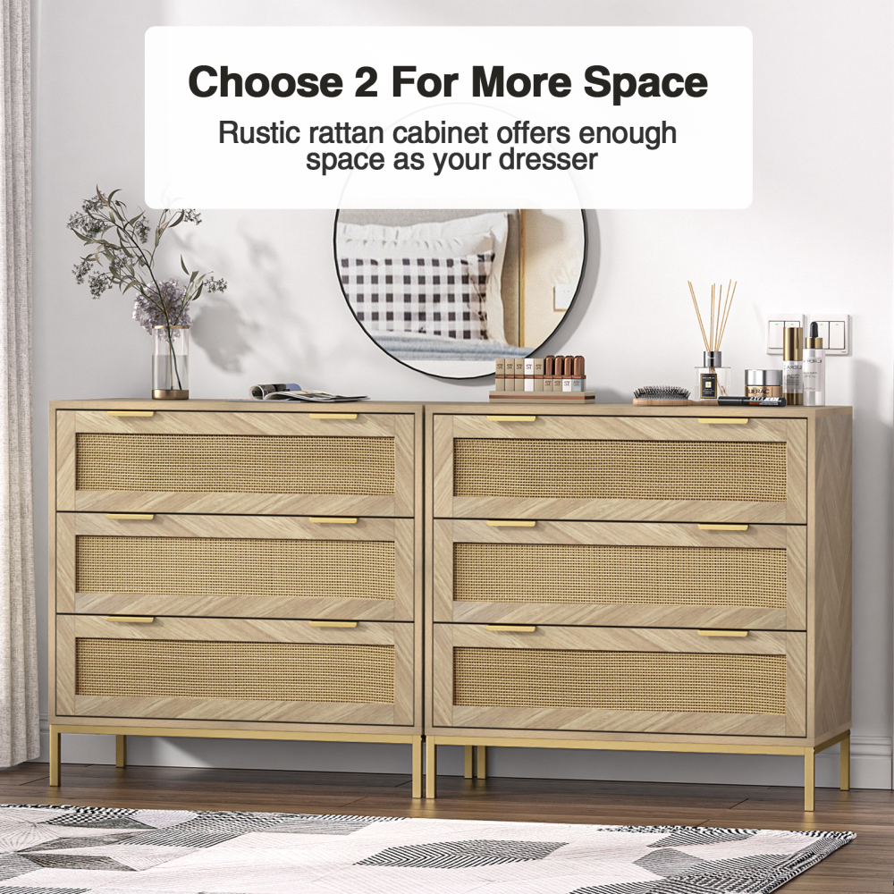 Anmytek 3 Drawer Dresser for Bedroom with Natural Rattan,Closet Dressers Chest of Drawers for Bedroom,Farmhouse Wood Large Nightstand with Storage Versatile Bedside Table for Bedroom