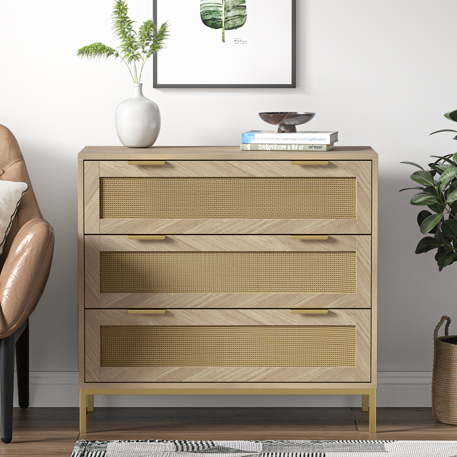 Anmytek 3 Drawer Dresser for Bedroom with Natural Rattan,Closet Dressers Chest of Drawers for Bedroom,Farmhouse Wood Large Nightstand with Storage Versatile Bedside Table for Bedroom