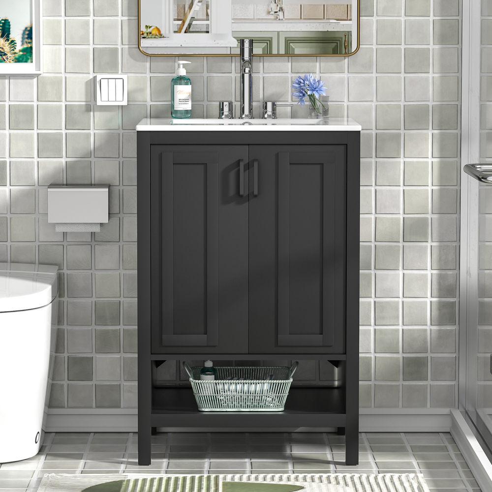 Anmytek Bathroom Vanity with Ceramic Sink, 24" Wood Bathroom Sink Cabinet with 2 Doors and Open Shelf, Black Modern Bathroom Vanity Cabinet Set (Faucet Not Included)