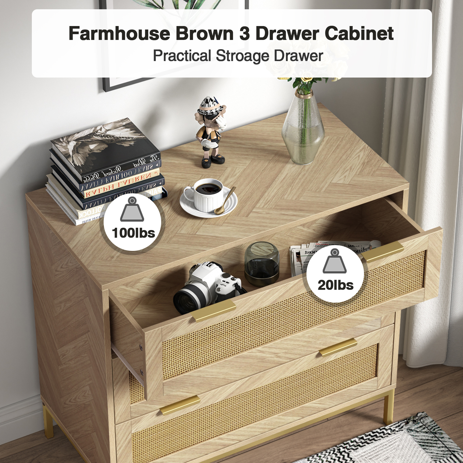 Anmytek 3 Drawer Dresser for Bedroom with Natural Rattan,Closet Dressers Chest of Drawers for Bedroom,Farmhouse Wood Large Nightstand with Storage Versatile Bedside Table for Bedroom