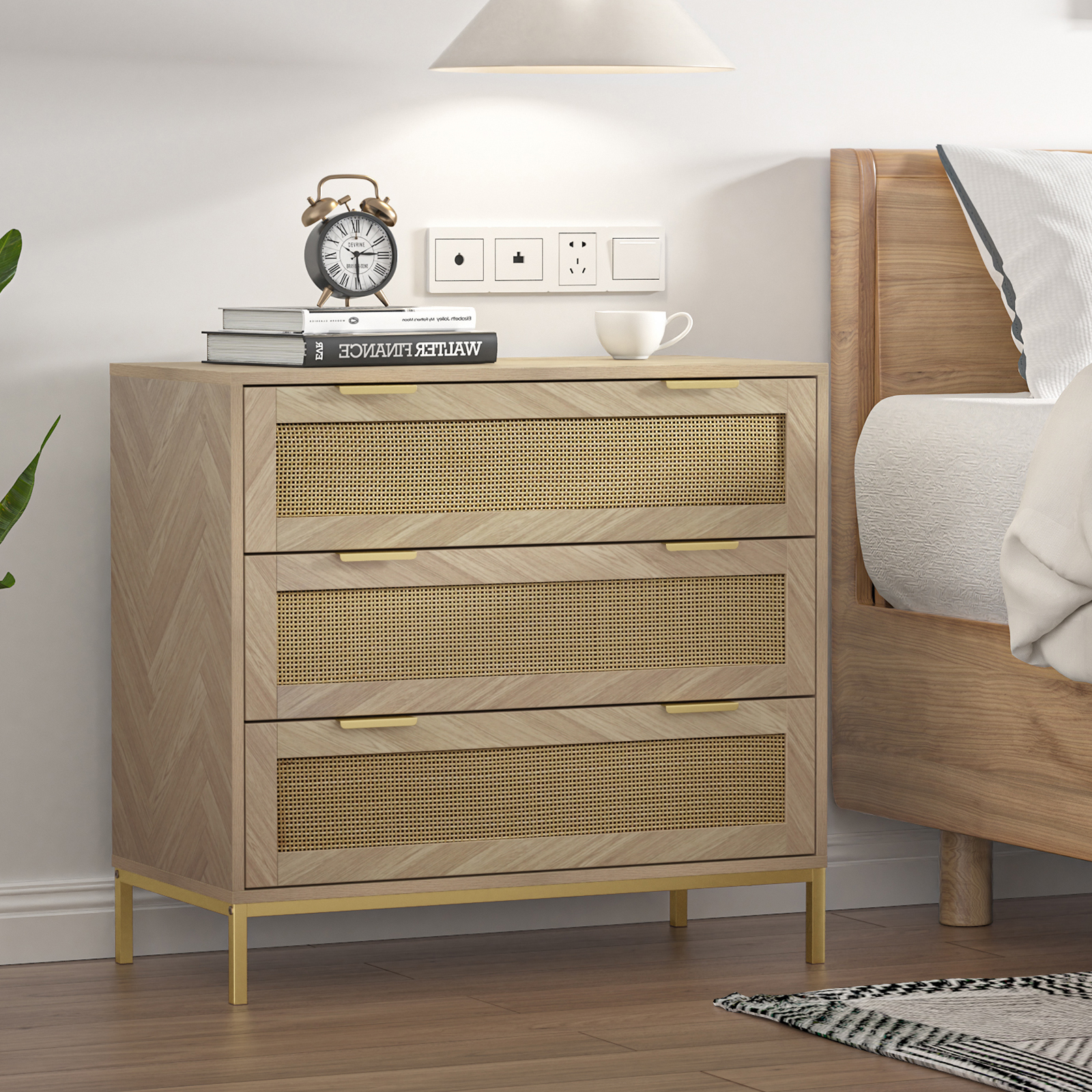 Anmytek 3 Drawer Dresser for Bedroom with Natural Rattan,Closet Dressers Chest of Drawers for Bedroom,Farmhouse Wood Large Nightstand with Storage Versatile Bedside Table for Bedroom