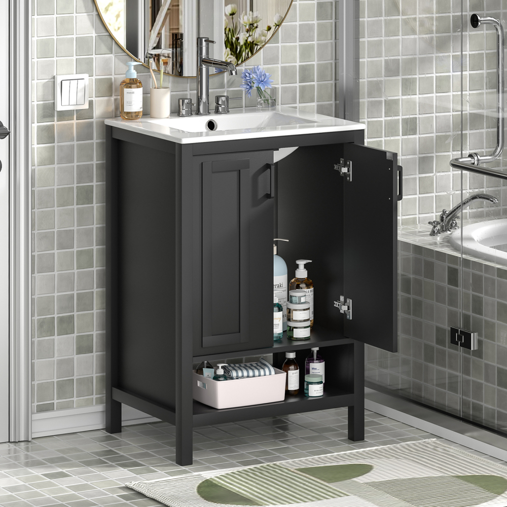 Anmytek Bathroom Vanity with Ceramic Sink, 24" Wood Bathroom Sink Cabinet with 2 Doors and Open Shelf, Black Modern Bathroom Vanity Cabinet Set (Faucet Not Included)