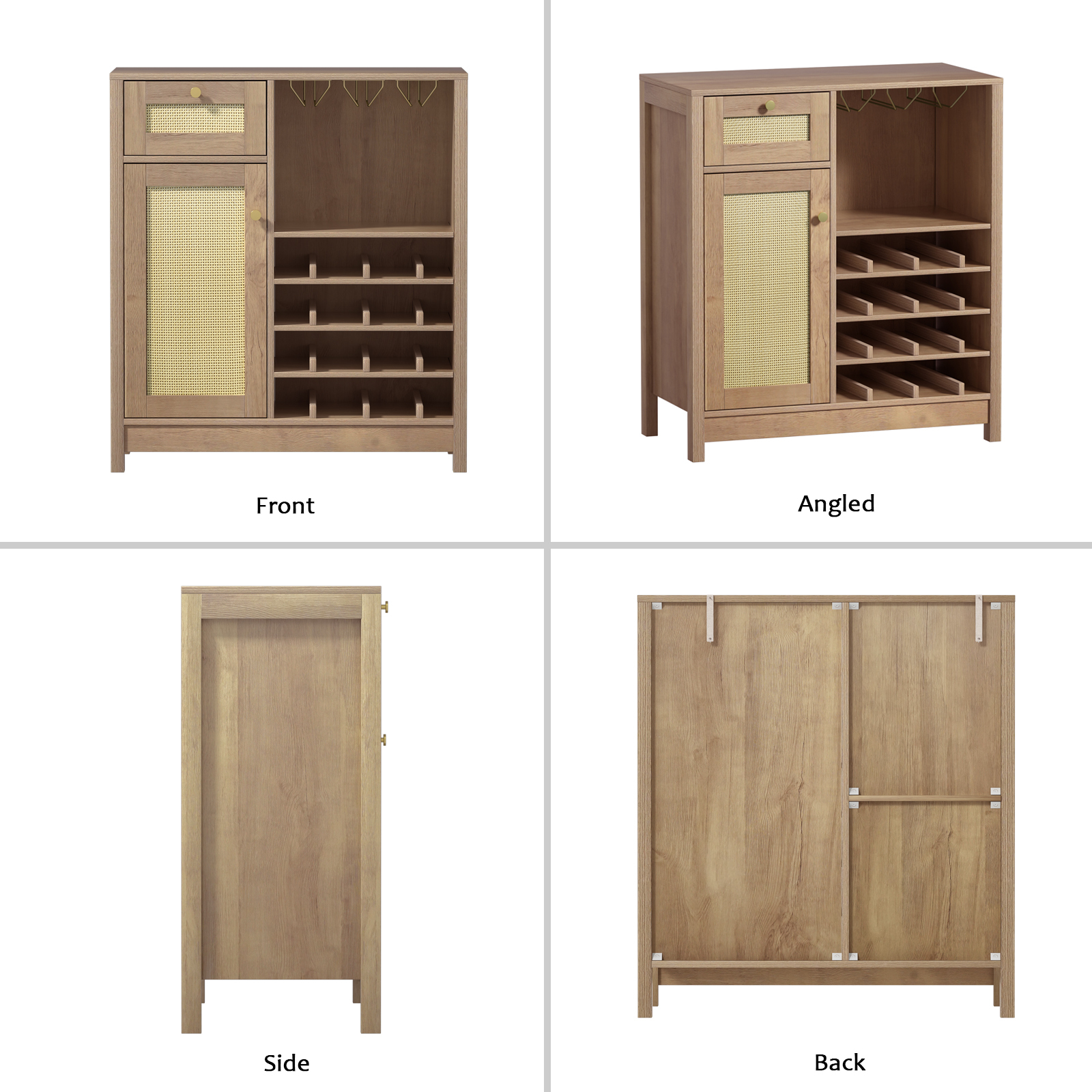 Anmytek Rattan Wine Bar Cabinet, Farmhouse Liquor Cabinet with Wine Rack & Glass Holder, Sideboard Buffet Storage Coffee Cabinet for Home Living Dining Room Kitchen, Rustic Oak