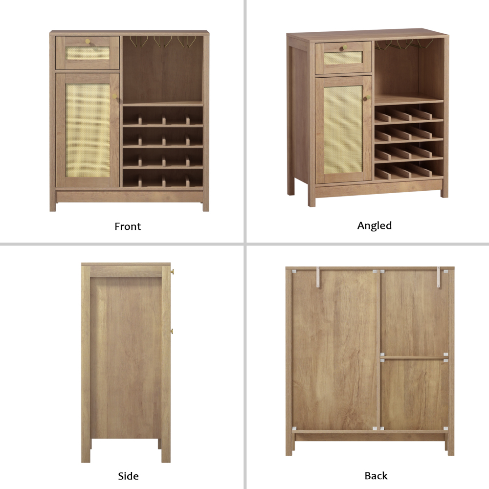 Anmytek Rattan Wine Bar Cabinet, Farmhouse Liquor Cabinet with Wine Rack & Glass Holder, Sideboard Buffet Storage Coffee Cabinet for Home Living Dining Room Kitchen, Rustic Oak